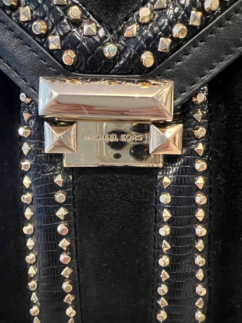 Michael Kors Whitney black leather & suede backpack with gold studded front. - Picture 2 of 5